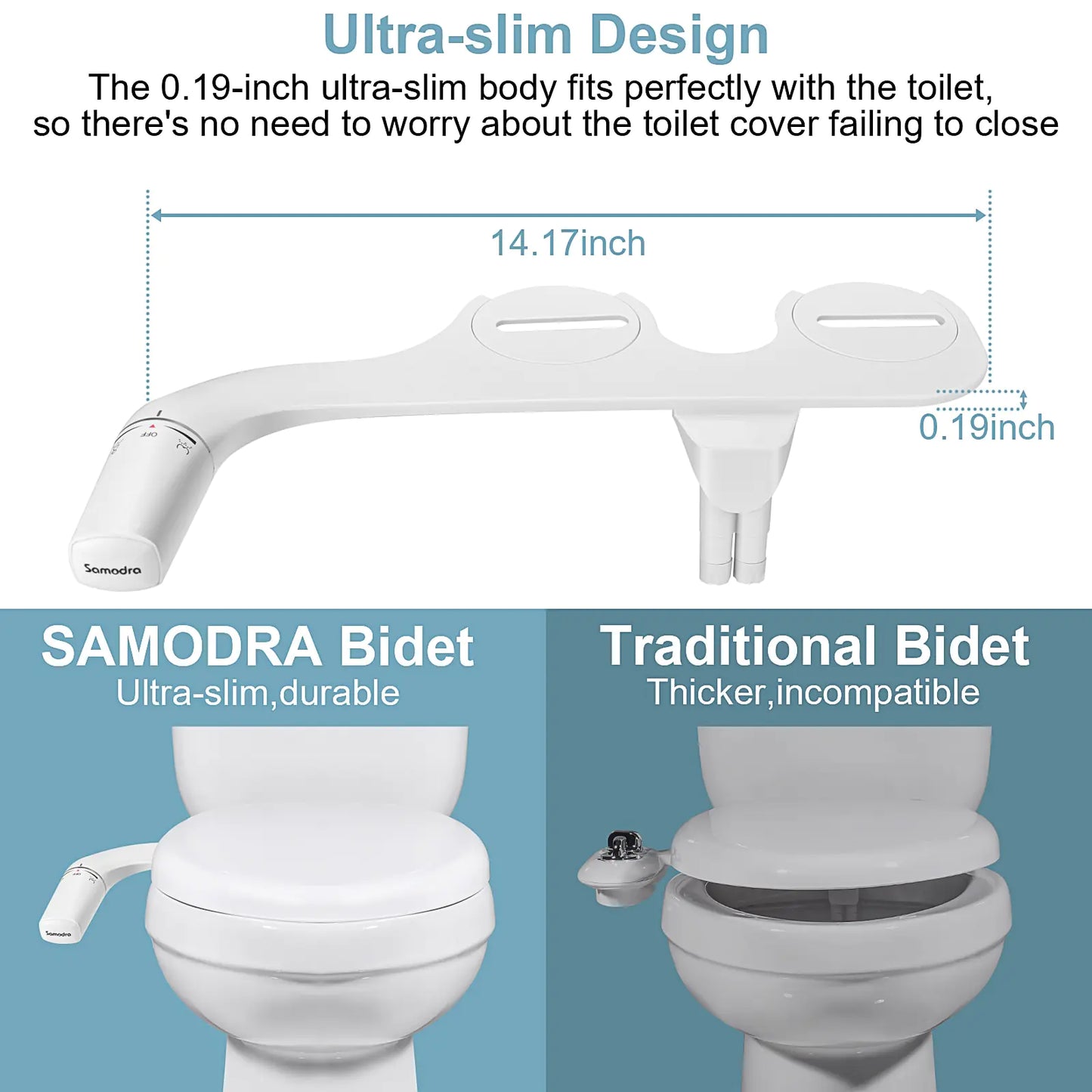 SAMODRA Bidet Attachment Ultra-Slim Toilet Seat Attachment Dual Nozzle Bidet Adjustable Water Pressure Non-Electric Sprayer