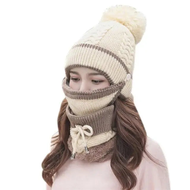 Pompom Beanie Hat Neck Warmer Set of 3